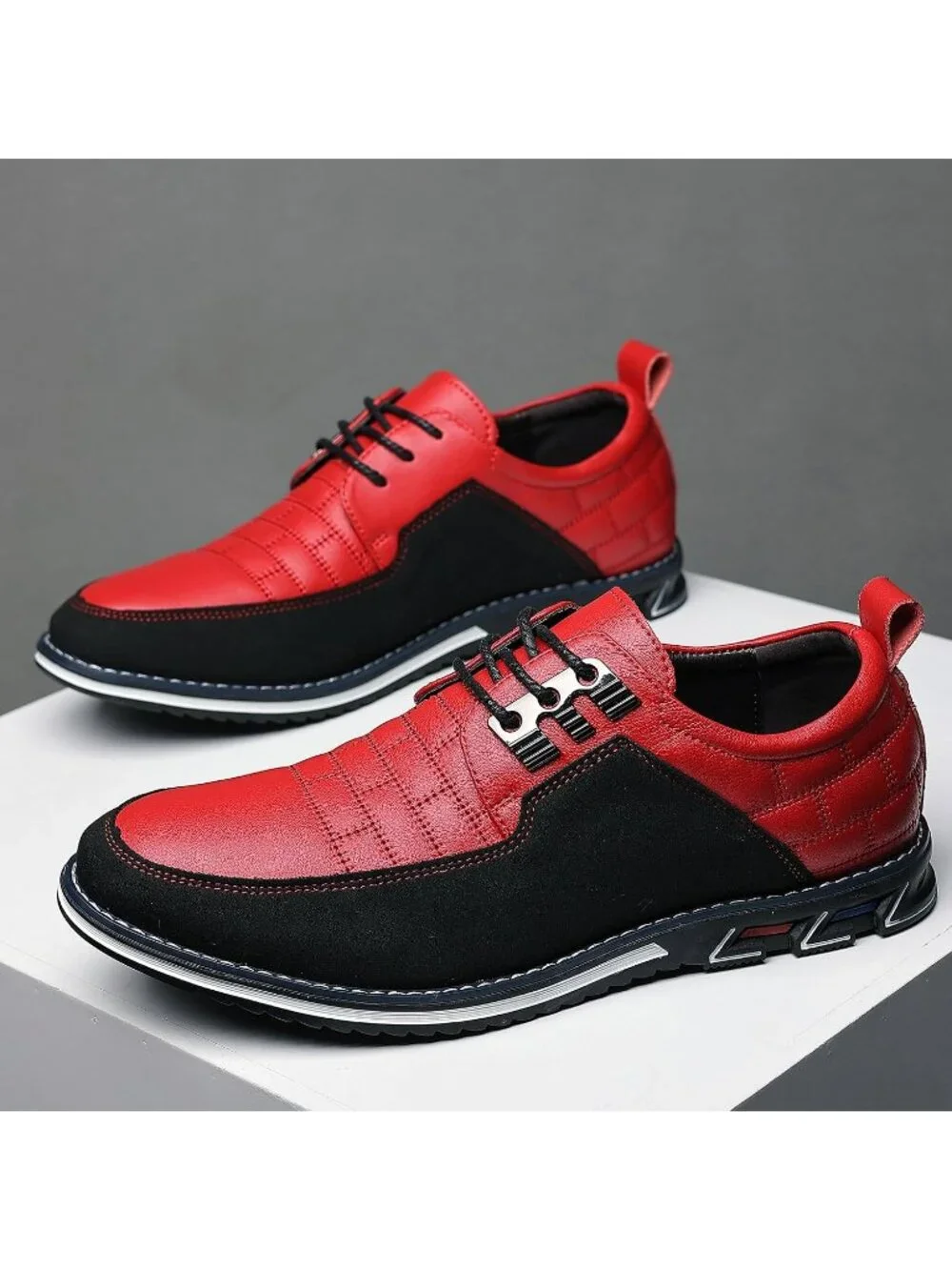 Men's Red & Black Grid Textured Two-tone Flexible Derby Oxfords Dress Sneakers